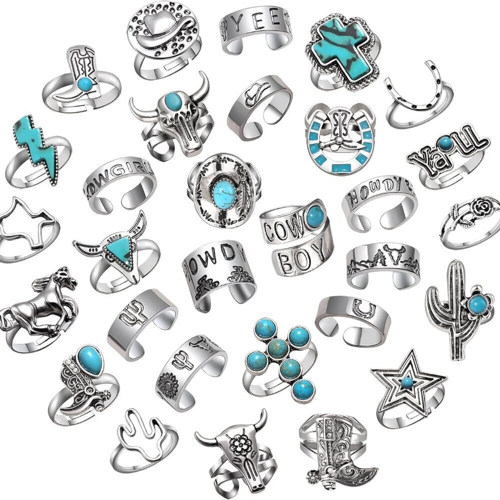 Vintage Silver Knuckle Rings Set 30pcs Western Cowgirl Cowboy Adjustable